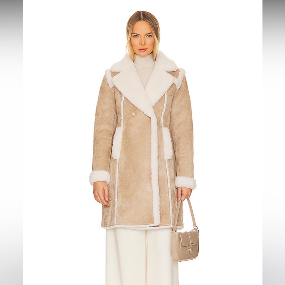 NWT BRAND NEW Generation Love Scottie Faux Suede Shearling Coat in Taupe & White
